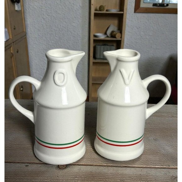 Made In Japan Other - Set Of Oil & Vinegar Ceramic Cruets With Red & Green Stripes